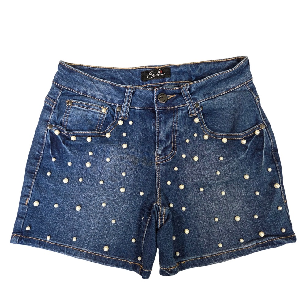 Earl Jean Women Dark Wash Pearl Embellished Denim Shorts Size 0 Mid Rise Stretch